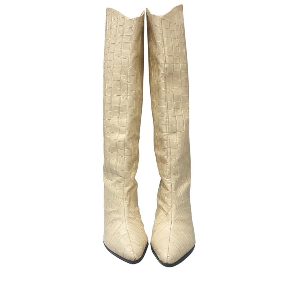 Schutz Womens 7B Analeah Knee-High Boots Croc Embossed Leather Egg Shell Western - Picture 3 of 10